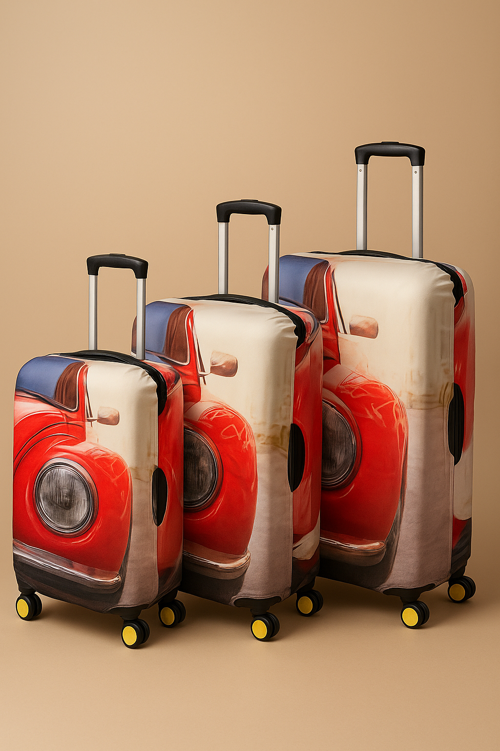LuggageAlly 3’lü Retro Araba Desenli Valiz Kılıfı Seti (S/M/L) – Esnek, Yıkanabilir ve Su İtici Seyahat Kılıfı