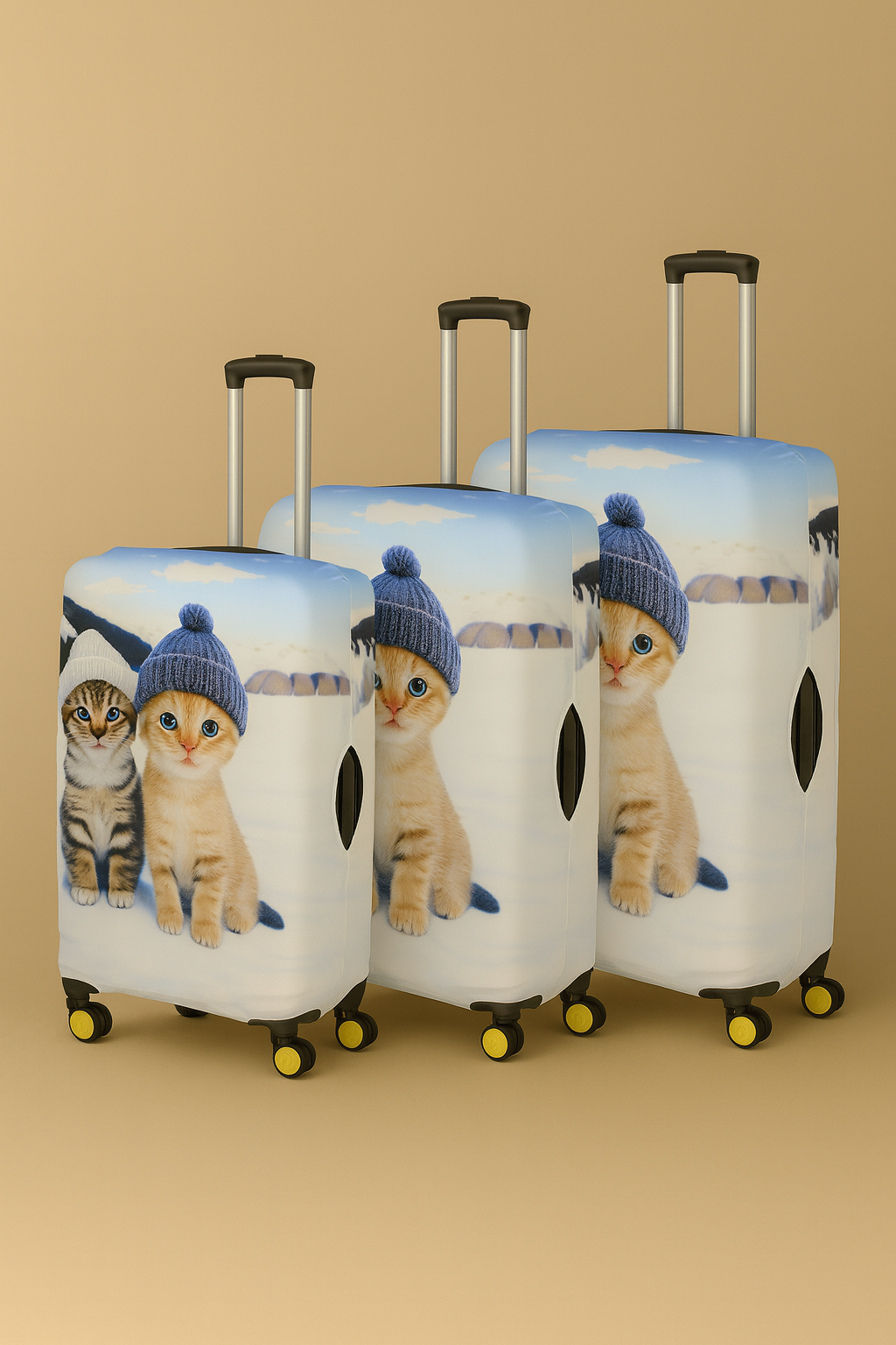 LuggageAlly 3’lü Sevimli Kedi Desenli Bavul Kılıfı Seti (S/M/L) – Esnek, Yıkanabilir ve Su İtici Valiz Koruyucu