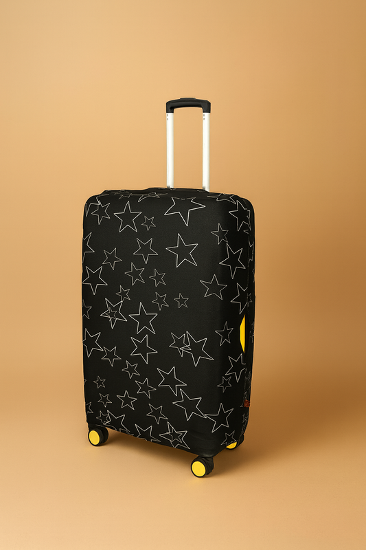 LuggageAlly Siyah Yıldız Desenli Bavul Kılıfı – S, M, L Seçenekli | Esnek, Su İtici ve Yıkanabilir Valiz Koruyucu