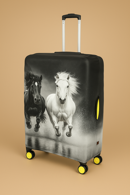 LuggageAlly Siyah-Beyaz Koşan Atlar Desenli Bavul Kılıfı – S, M, L Seçenekli | Esnek, Su İtici ve Yıkanabilir Koruma