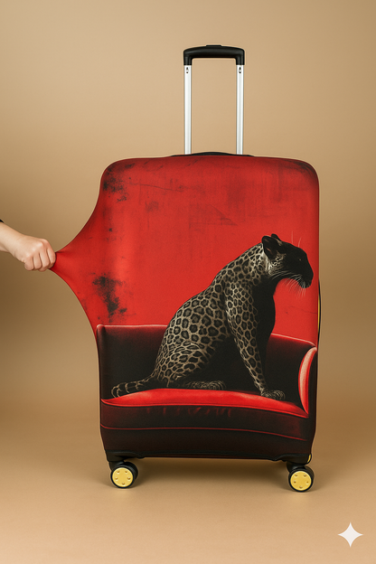 LuggageAlly Leopar Desenli Valiz Kılıfı (S/M/L) – Kırmızı Koltuk Temalı, Su İtici ve Esnek Bavul Koruyucu