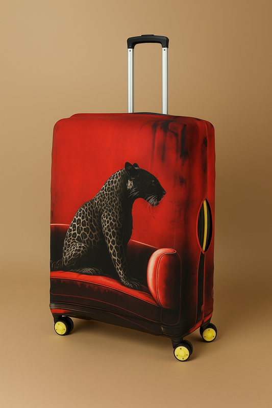 LuggageAlly Leopar Desenli Valiz Kılıfı (S/M/L) – Kırmızı Koltuk Temalı, Su İtici ve Esnek Bavul Koruyucu