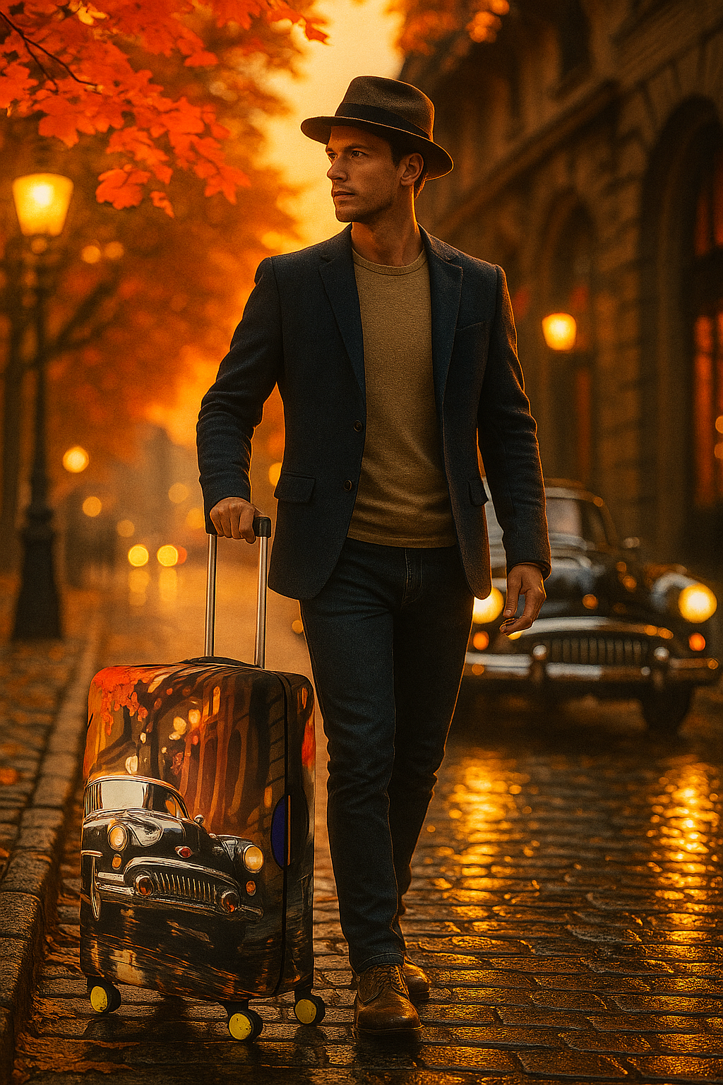 LuggageAlly Retro Araba Desenli Bavul Kılıfı (S/M/L) – Su İtici, Esnek ve Yıkanabilir Valiz Koruyucu