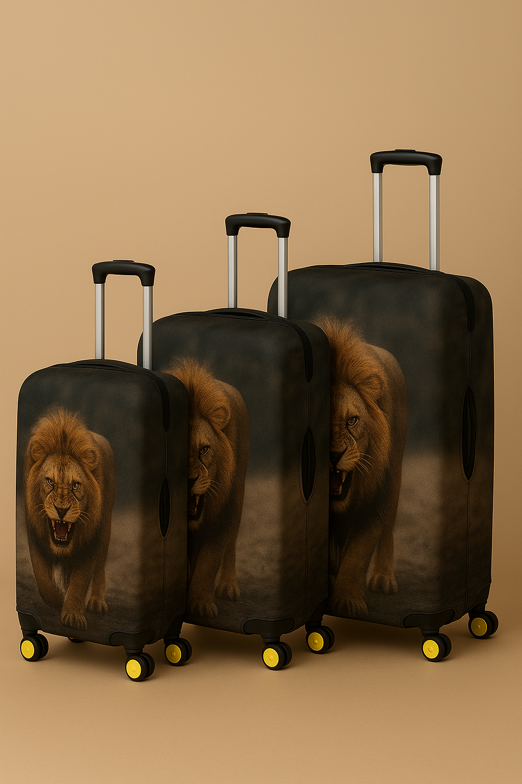 LuggageAlly 3’lü Aslan Desenli Erkek Valiz Kılıfı Seti (S/M/L) – Güçlü, Esnek, Su İtici Bavul Koruyucu