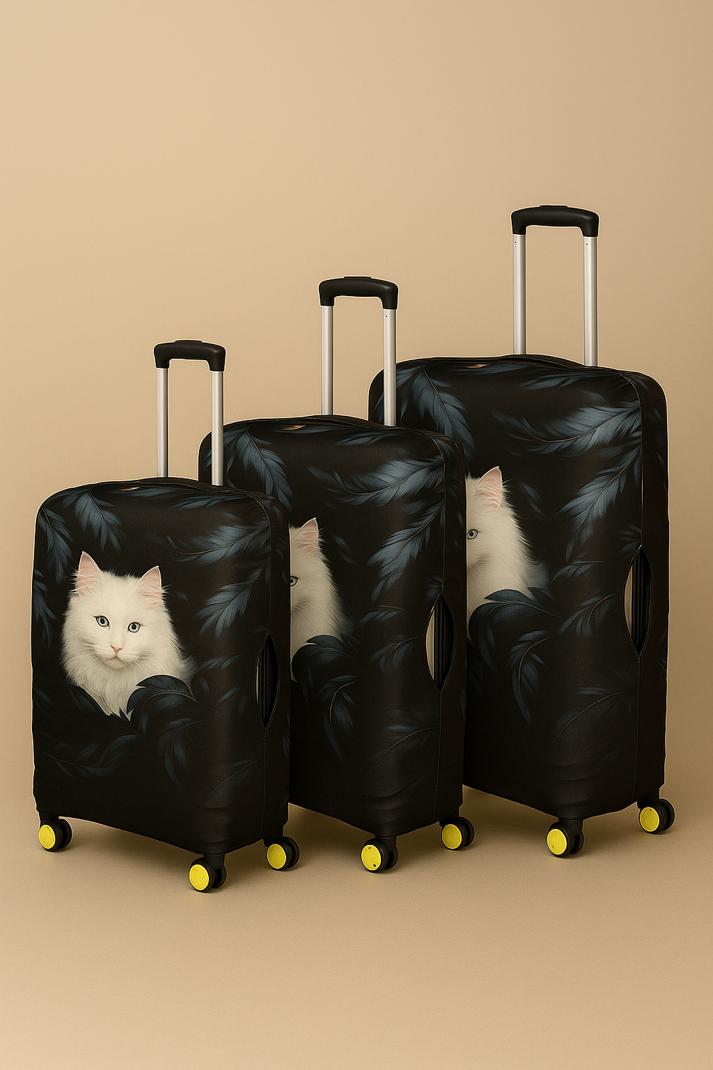 LuggageAlly 3’lü Gizemli Beyaz Kedi Desenli Bavul Kılıfı Seti (S/M/L) – Esnek, Yıkanabilir, Su İtici Valiz Koruyucu