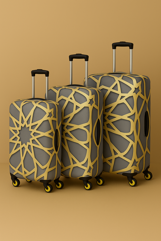LuggageAlly Altın Geometrik Desenli 3’lü Valiz Kılıfı Seti – Lüks, Esnek, Yıkanabilir Bavul Koruyucu (S/M/L)