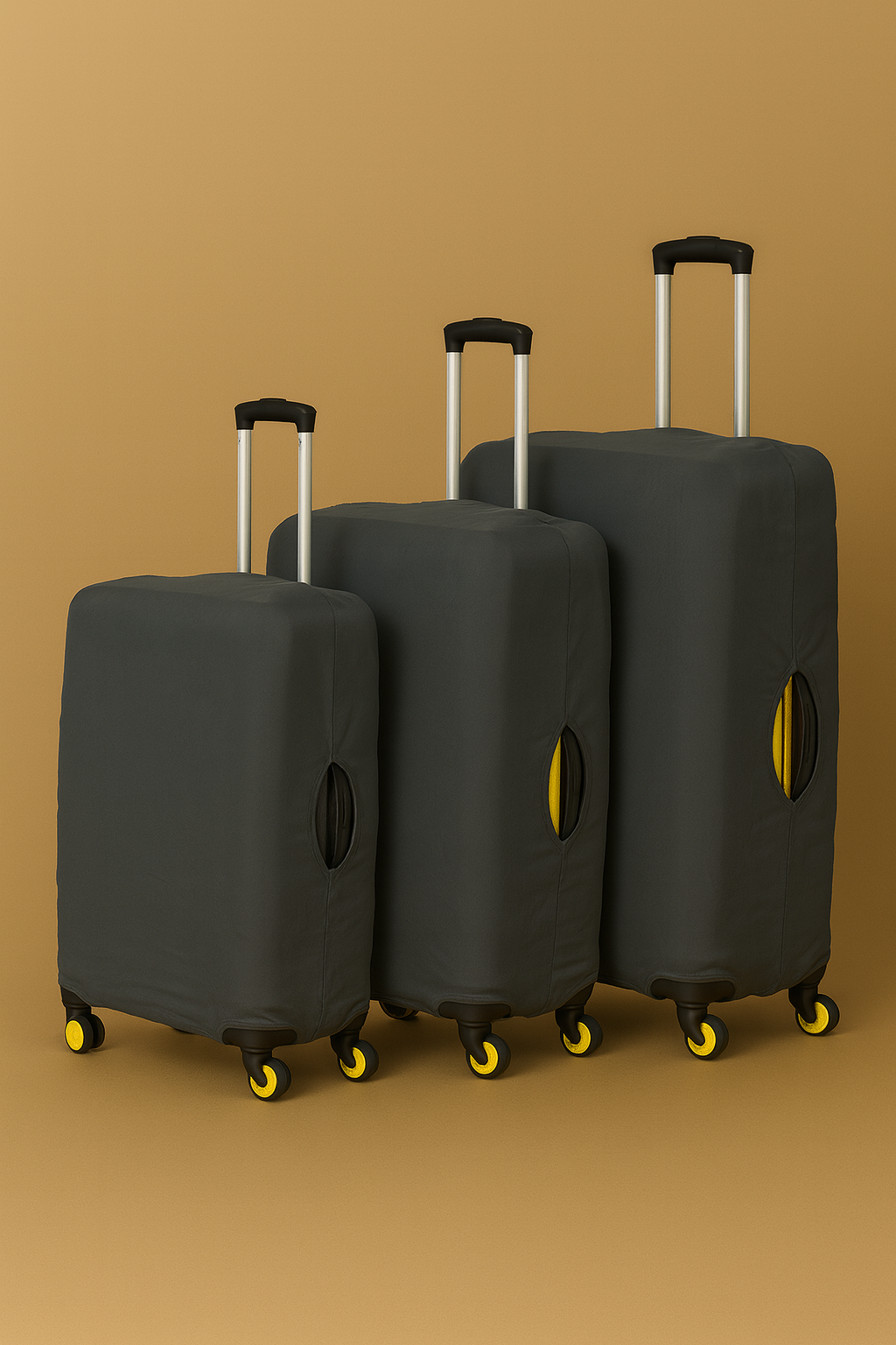 LuggageAlly 3’lü Koyu Gri Bavul Kılıfı Seti (S/M/L) – Minimalist, Su İtici, Yıkanabilir ve Esnek Koruyucu