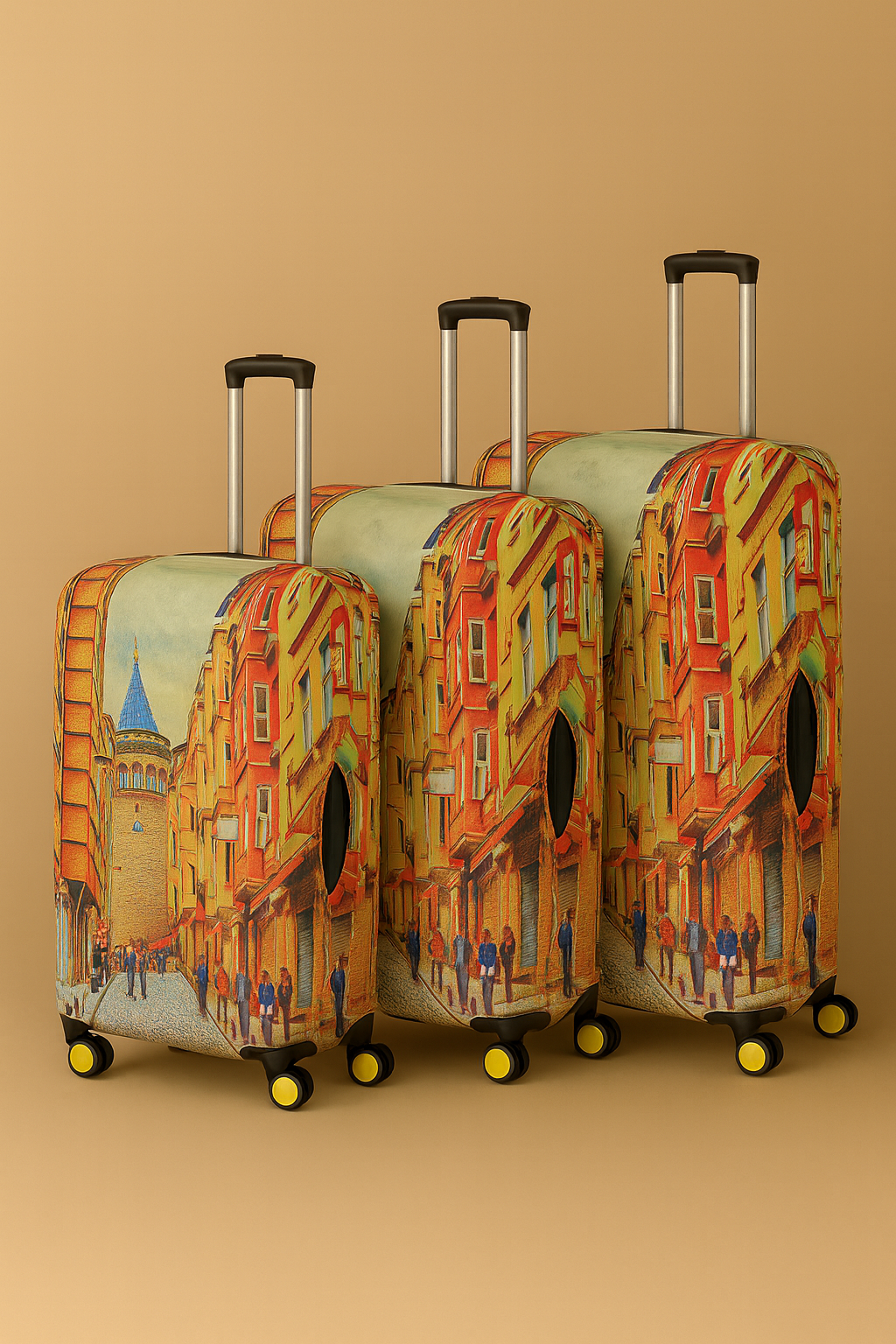 LuggageAlly 3’lü “Galata Sokakları” Bavul Kılıfı Seti (S/M/L) – Nostaljik İstanbul Tasarımı, Su İtici ve Esnek Koruyucu