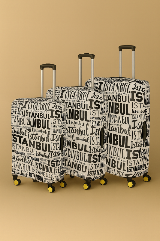 LuggageAlly 3’lü İstanbul Yazılı Siyah Beyaz Bavul Kılıfı Seti (S/M/L) – Esnek, Yıkanabilir ve Su İtici Koruma