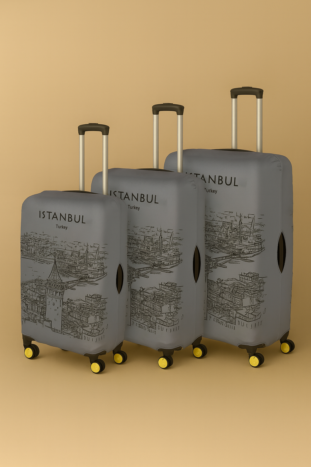 LuggageAlly 3’lü İstanbul Gri Bavul Kılıfı Seti (S/M/L) – Esnek, Yıkanabilir, Su İtici Valiz Koruyucu