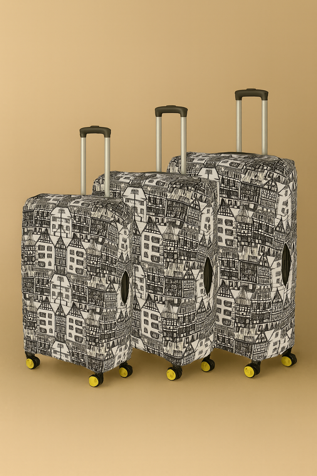 LuggageAlly 3’lü Siyah Beyaz Şehir Evleri Desenli Bavul Kılıfı Seti (S/M/L) – Esnek, Su İtici, Yıkanabilir Valiz Koruyucu