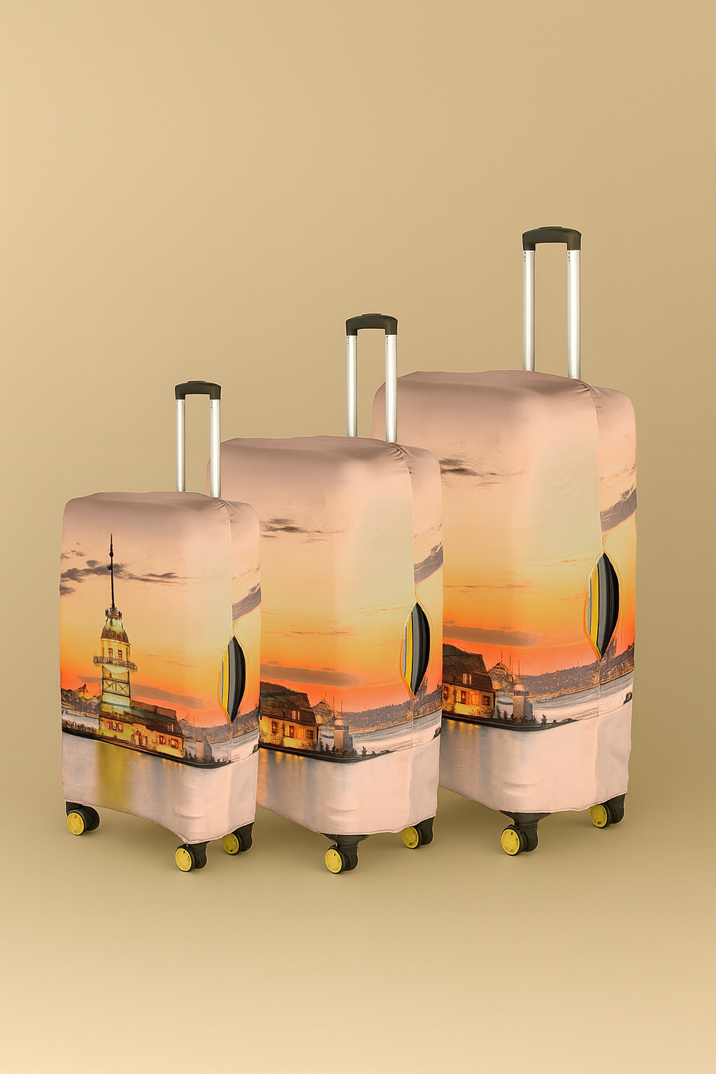 LuggageAlly 3’lü Kız Kulesi Temalı Bavul Kılıfı Seti (S/M/L) – İstanbul Manzaralı, Esnek, Su İtici ve Yıkanabilir Valiz Koruyucu