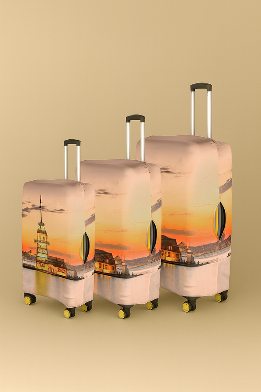 LuggageAlly 3’lü Kız Kulesi Temalı Bavul Kılıfı Seti (S/M/L) – İstanbul Manzaralı, Esnek, Su İtici ve Yıkanabilir Valiz Koruyucu