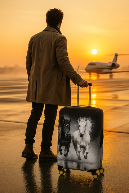 LuggageAlly Siyah-Beyaz Koşan Atlar Desenli Bavul Kılıfı – S, M, L Seçenekli | Esnek, Su İtici ve Yıkanabilir Koruma