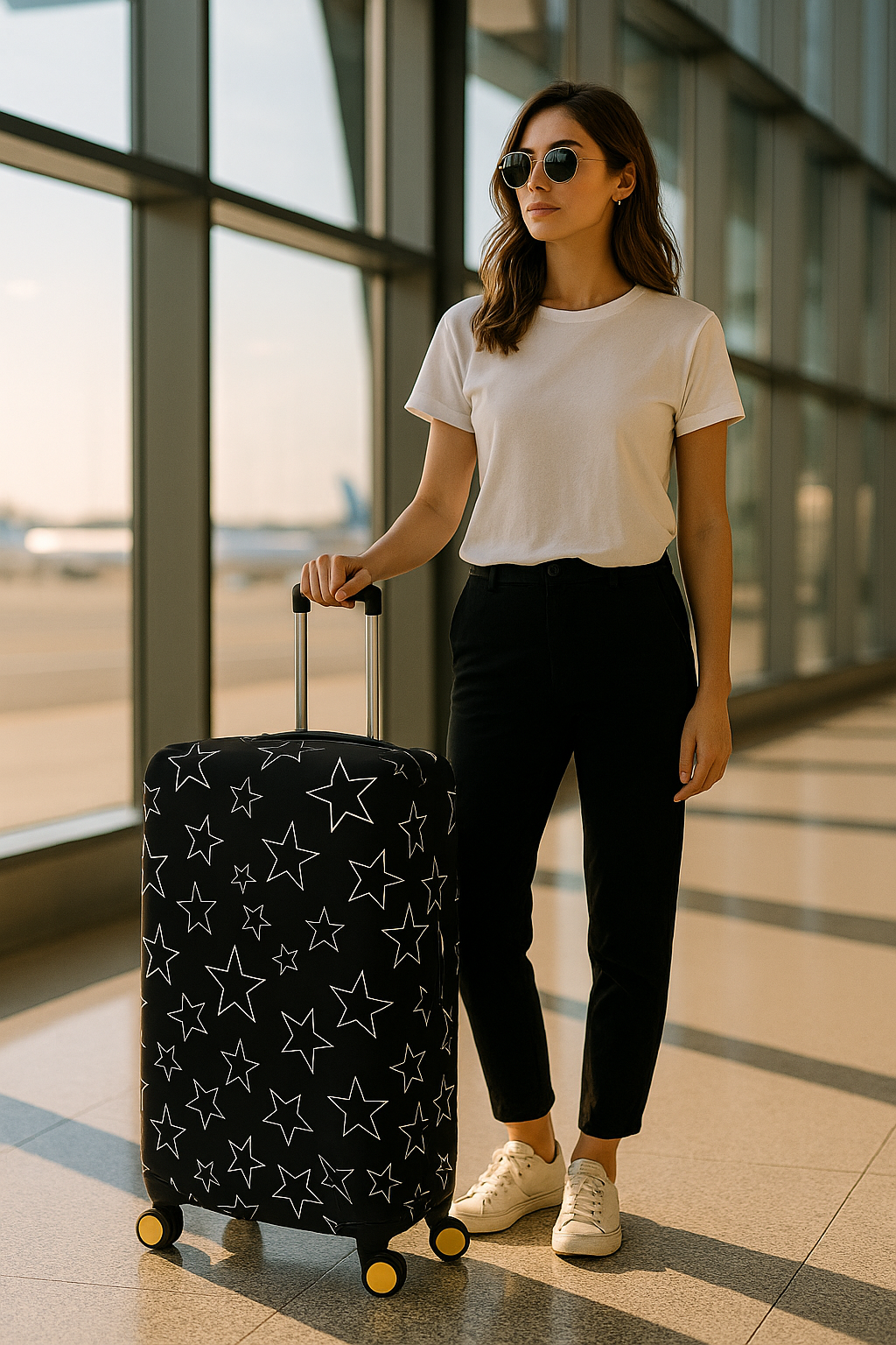 LuggageAlly Siyah Yıldız Desenli Bavul Kılıfı – S, M, L Seçenekli | Esnek, Su İtici ve Yıkanabilir Valiz Koruyucu