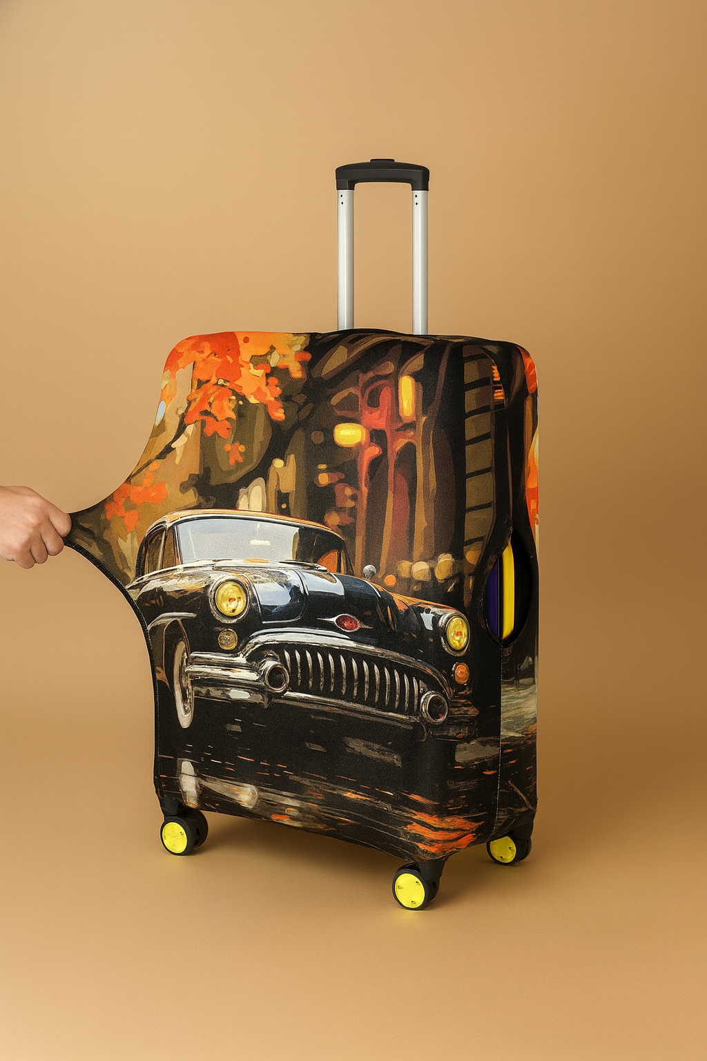 LuggageAlly Retro Araba Desenli Bavul Kılıfı (S/M/L) – Su İtici, Esnek ve Yıkanabilir Valiz Koruyucu