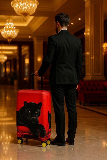 LuggageAlly Kırmızı Siyah Panter Desenli Valiz Kılıfı Seti (S/M/L) – Su İtici, Esnek ve Yıkanabilir Bavul Koruyucu