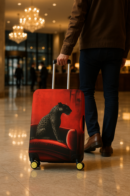 LuggageAlly Leopar Desenli Valiz Kılıfı (S/M/L) – Kırmızı Koltuk Temalı, Su İtici ve Esnek Bavul Koruyucu