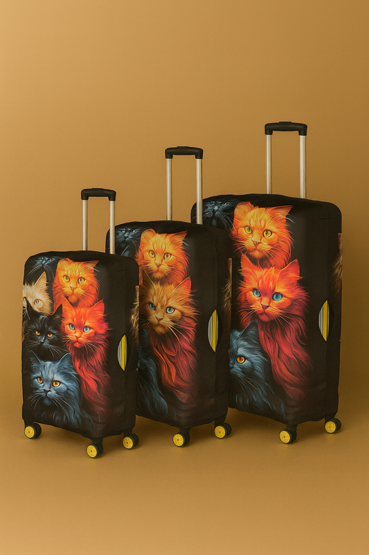 LuggageAlly 3’lü Renkli Kedi Temalı Bavul Kılıfı Seti (S/M/L) – Esnek, Yıkanabilir ve Su İtici Valiz Koruyucu