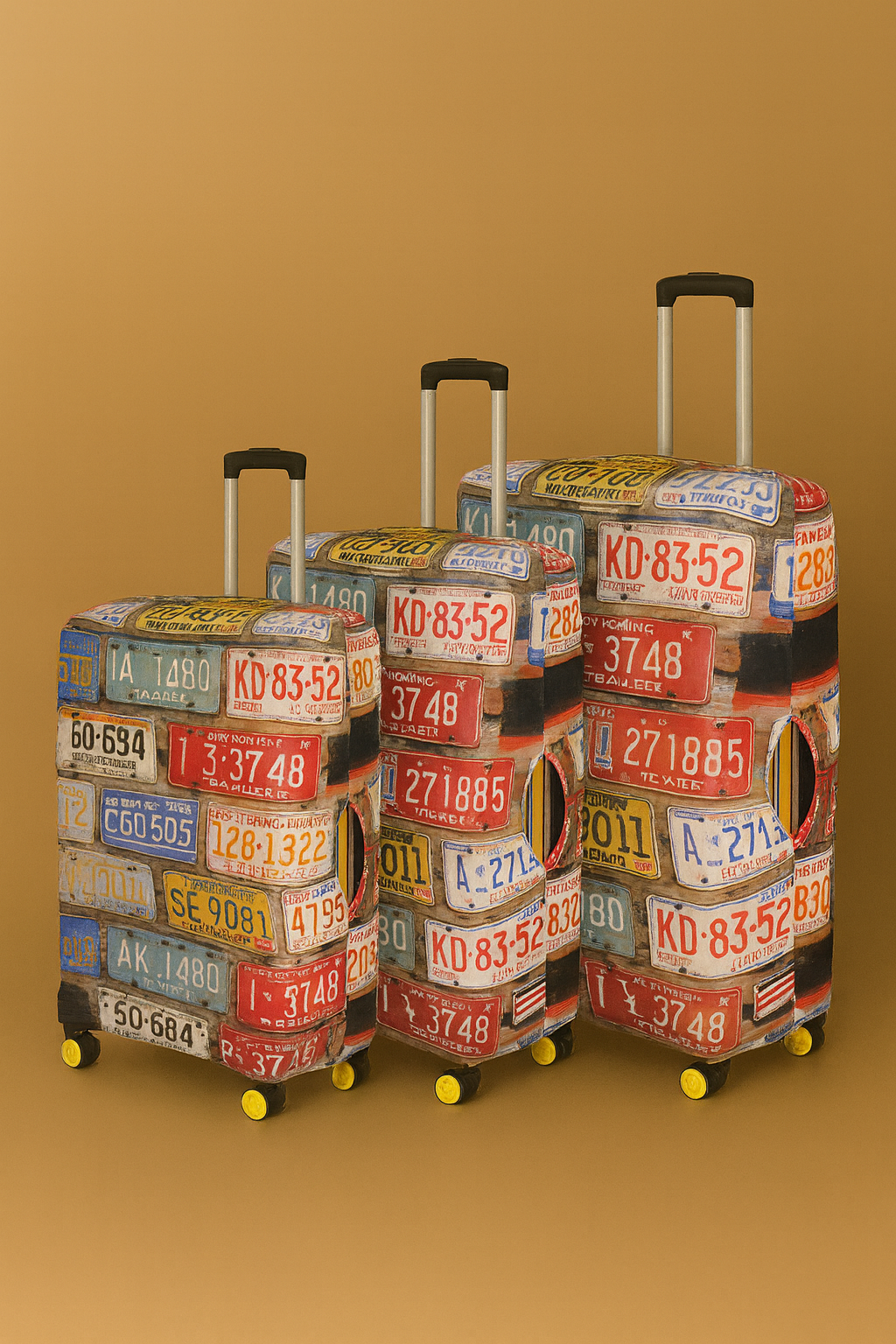 LuggageAlly 3’lü Renkli Plaka Desenli Bavul Kılıfı Seti (S/M/L) – Esnek ve Yıkanabilir Valiz Koruma