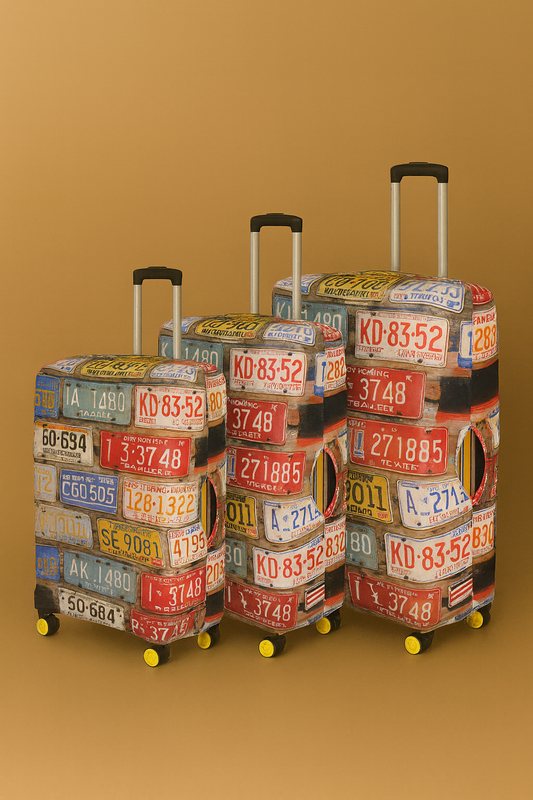 LuggageAlly 3’lü Renkli Plaka Desenli Bavul Kılıfı Seti (S/M/L) – Esnek ve Yıkanabilir Valiz Koruma