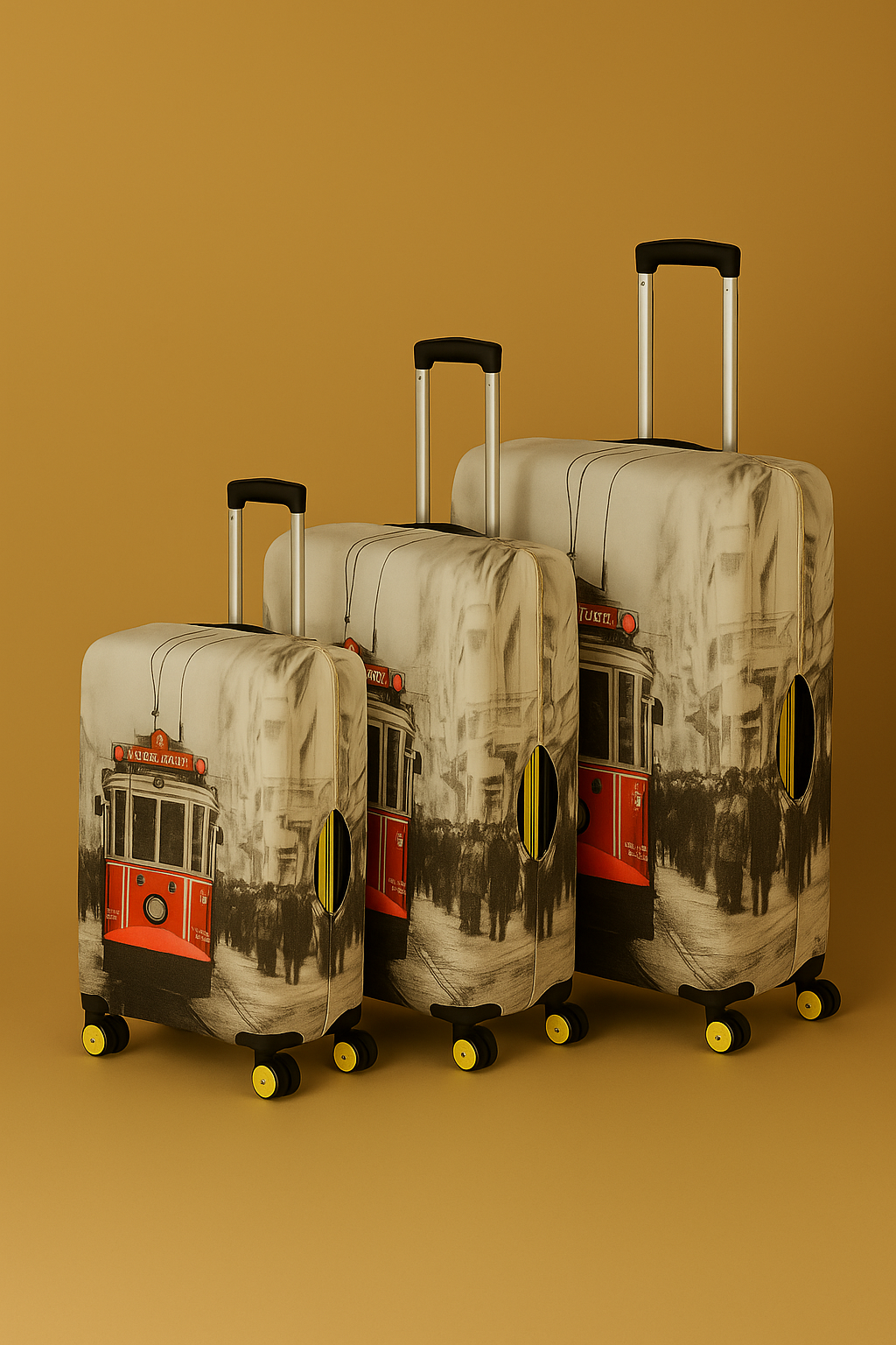 LuggageAlly 3’lü Nostaljik Kırmızı Tramvay Bavul Kılıfı Seti (S/M/L) – İstanbul Temalı Esnek Valiz Koruyucuları
