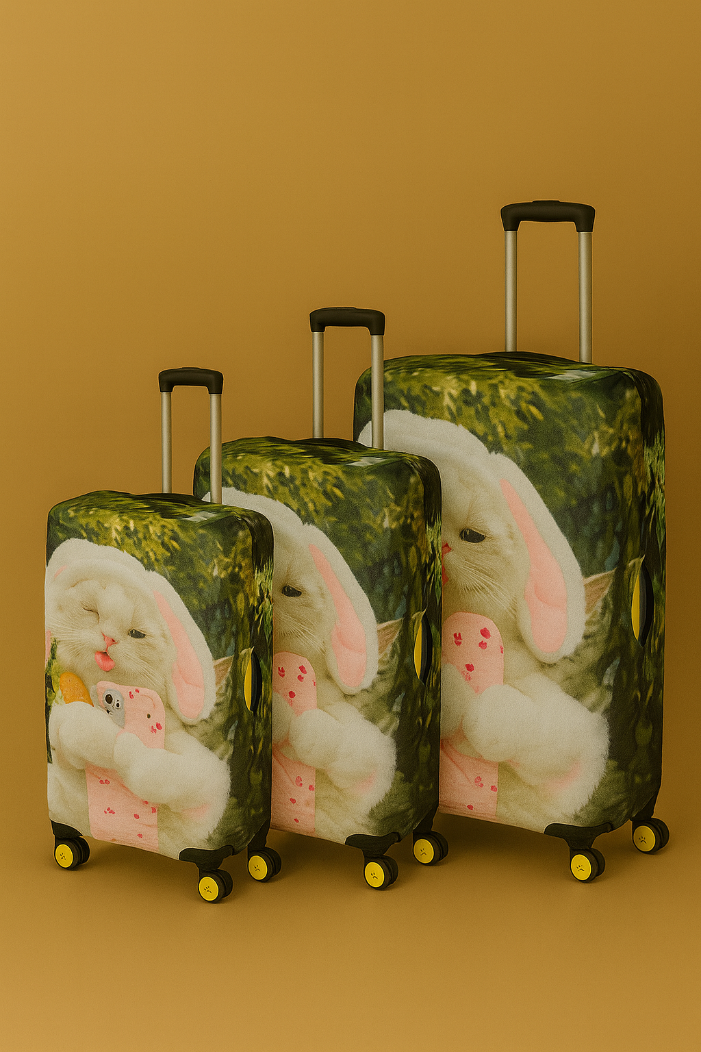 LuggageAlly 3’lü Tavşan Kulaklı Kedili Bavul Kılıfı Seti (S/M/L) – Çocuk ve Evcil Hayvan Severler İçin Eğlenceli Koruma