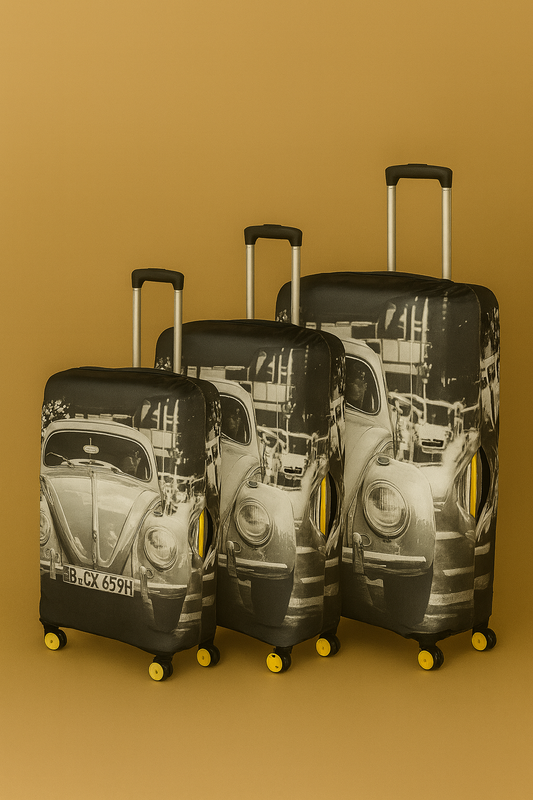 LuggageAlly 3’lü Vosvos Araba Desenli Bavul Kılıfı Seti (S/M/L) – Esnek, Su İtici ve Toz Geçirmez Koruma
