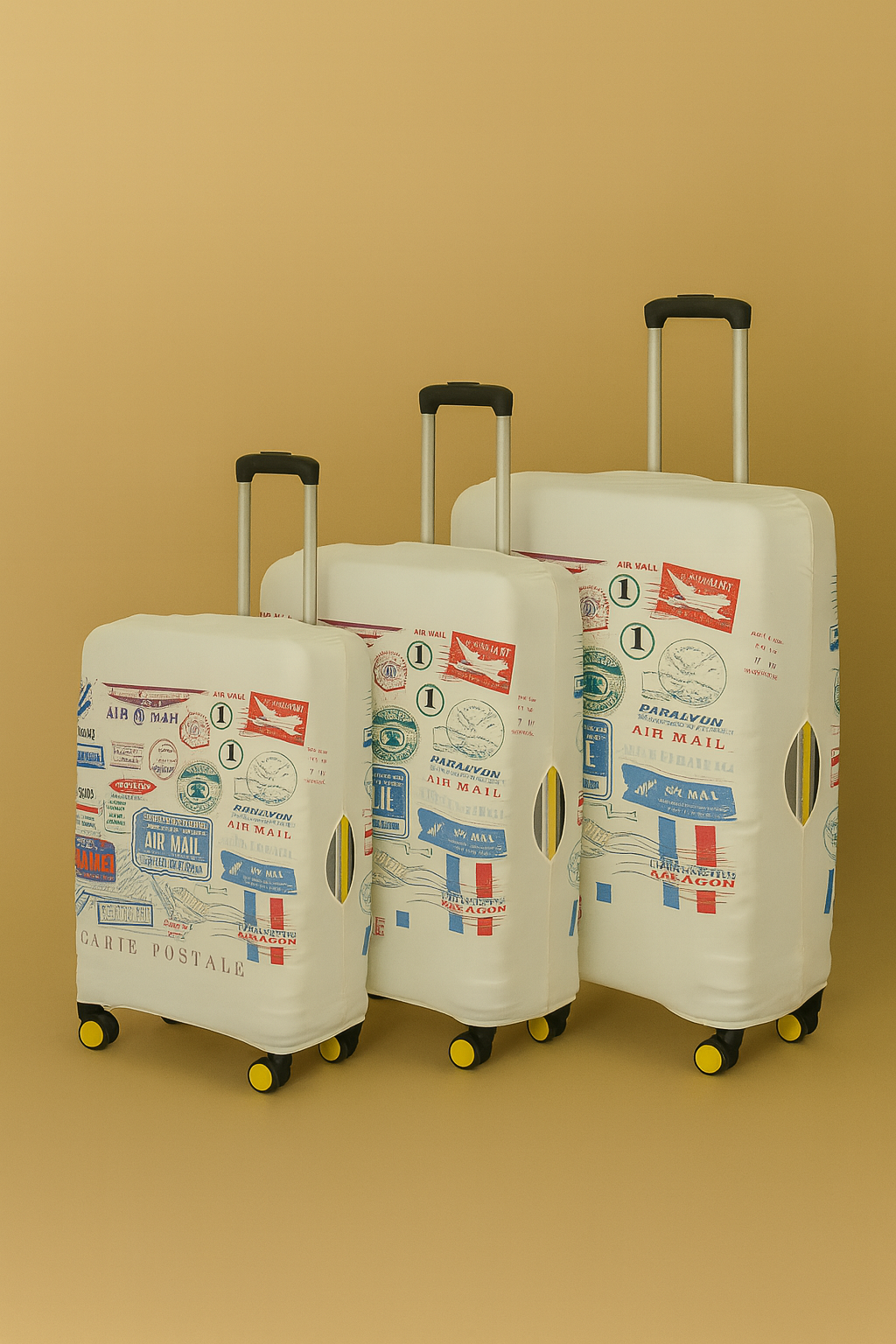 LuggageAlly 3'lü Vintage Hava Postası Desenli Valiz Kılıfı Seti – Seyahat Temalı Krem Bavul Koruyucu (S/M/L)