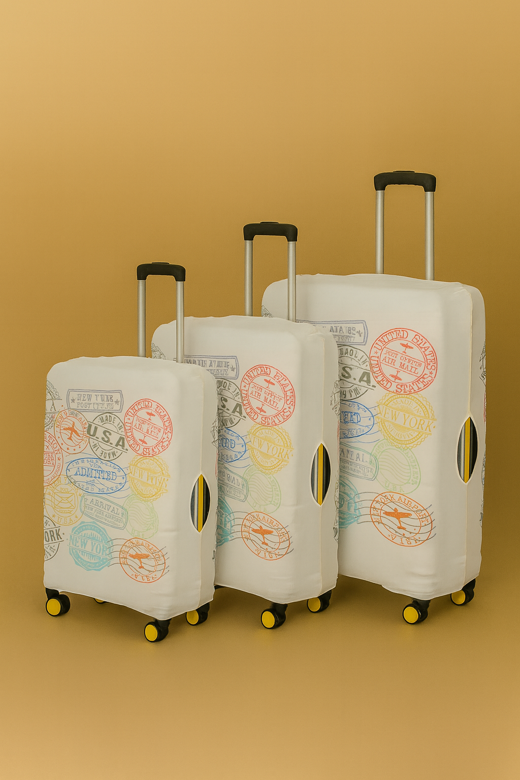 LuggageAlly 3'lü Renkli Pasaport Damgalı Valiz Kılıfı Seti – Seyahat Temalı Bavul Koruyucu (S/M/L)