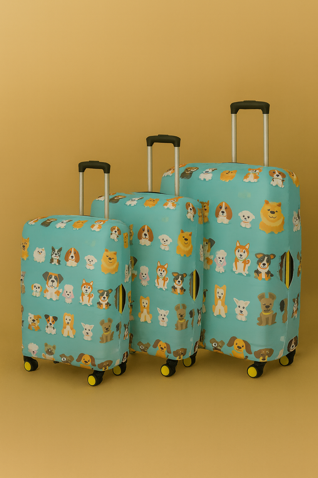 LuggageAlly 3'lü Köpek Desenli Valiz Kılıfı Seti – Turkuaz Renkli Esnek Bavul Koruyucu (S/M/L)