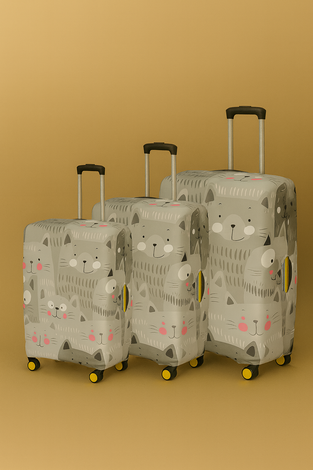 3’lü Valiz Kılıfı Seti – Gri Pembe Sevimli Kedi Desenli Koruyucu Bavul Kılıfları (S/M/L)