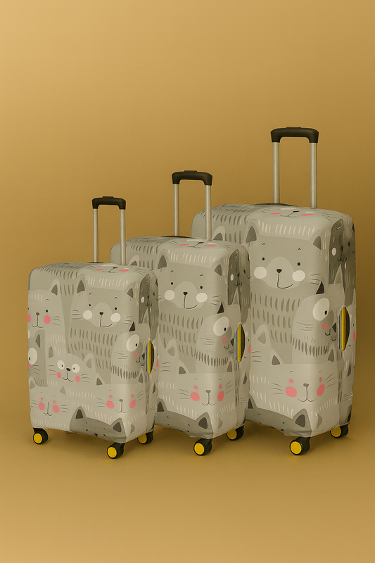 3’lü Valiz Kılıfı Seti – Gri Pembe Sevimli Kedi Desenli Koruyucu Bavul Kılıfları (S/M/L)