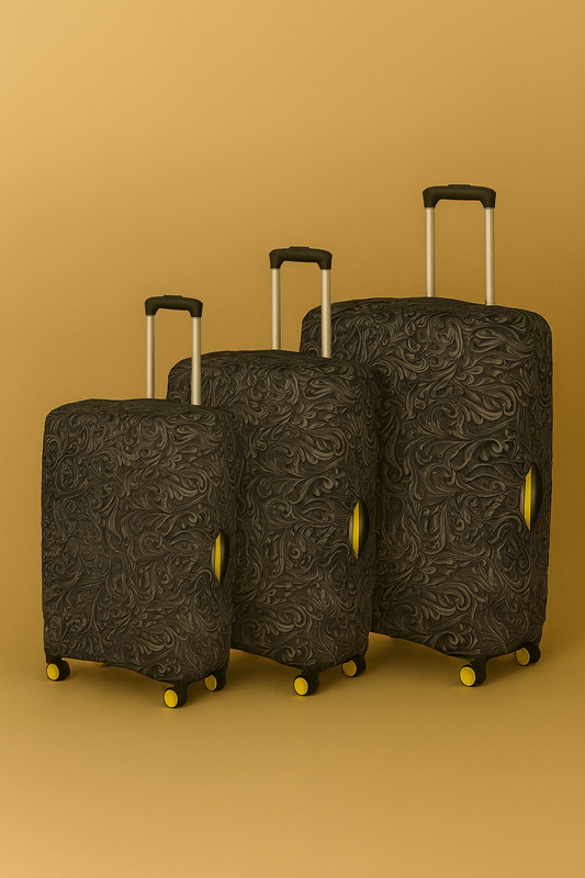 3’lü Valiz Kılıfı Seti – Siyah Barok Desenli Esnek Koruyucu Kılıflar (S/M/L)