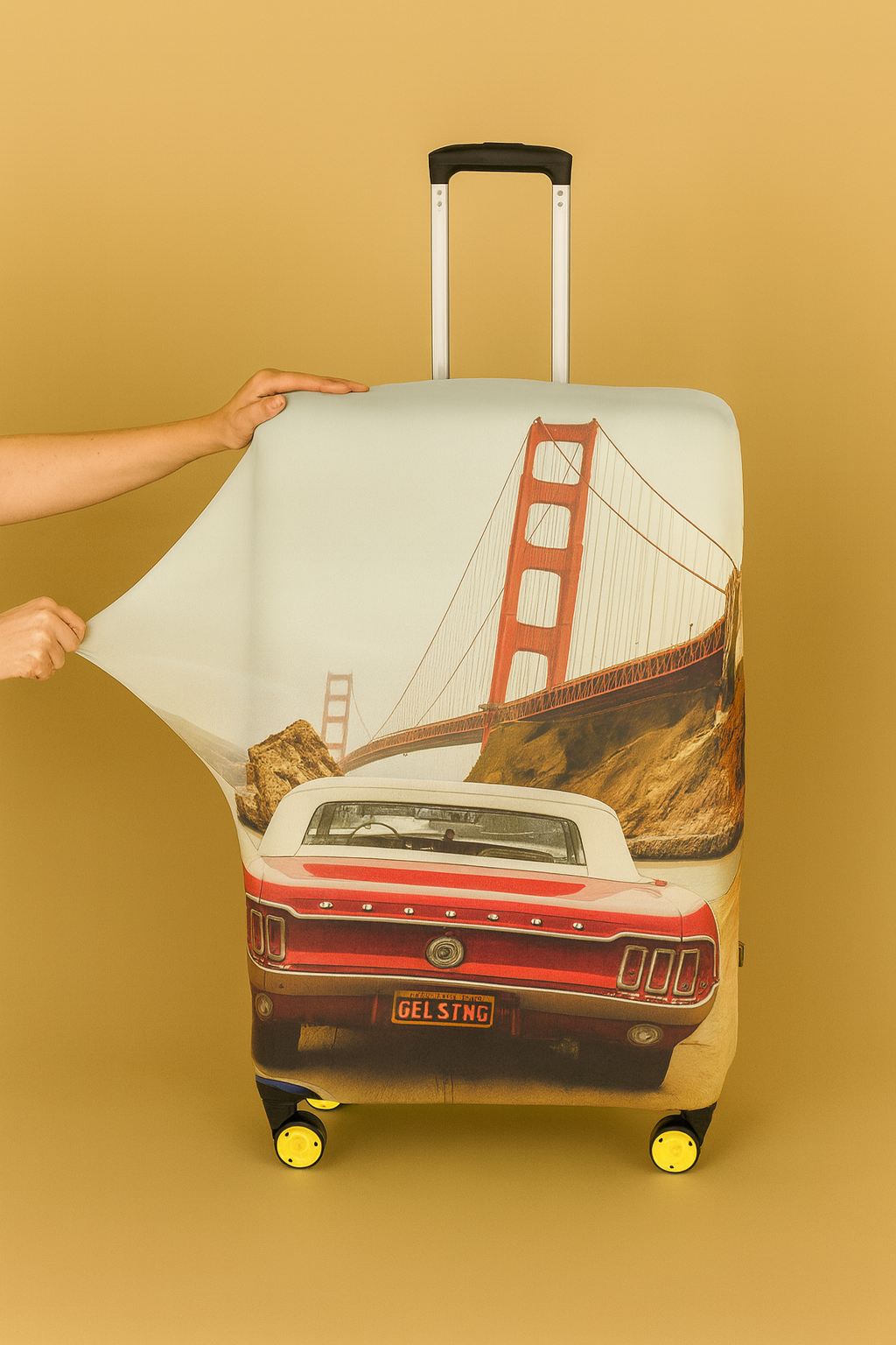 Valiz Kılıfı – Golden Gate Köprüsü ve Retro Kırmızı Mustang Desenli Koruyucu