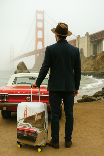 Valiz Kılıfı – Golden Gate Köprüsü ve Retro Kırmızı Mustang Desenli Koruyucu