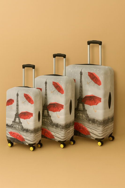 Paris Temalı 3’lü Bavul Kılıfı Seti – Eyfel Kulesi ve Kırmızı Şemsiye Desenli | Su İtici, Toz Geçirmez, Yıkanabilir